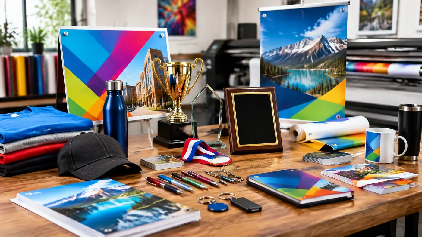 Colorful printed graphics and branded materials arranged for a creative project